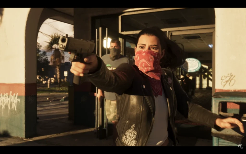 Grand Theft Auto 6 official 27 minute gameplay reveal screenshot showing a heist action scene with Jason and Lucia