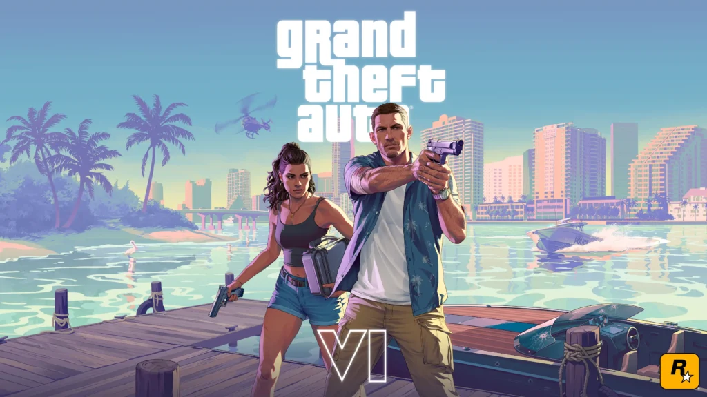Grand Theft Auto 6 official artwork showing protagonists Jason and Lucia leaning against a car in Vice City at sunset