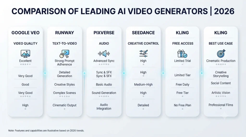 AI video generator comparison for Veo, Runway, PixVerse, Seedance, and Kling