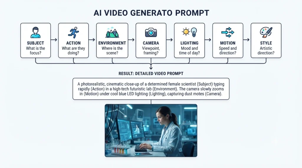 AI video generator prompt formula with subject action camera lighting and style