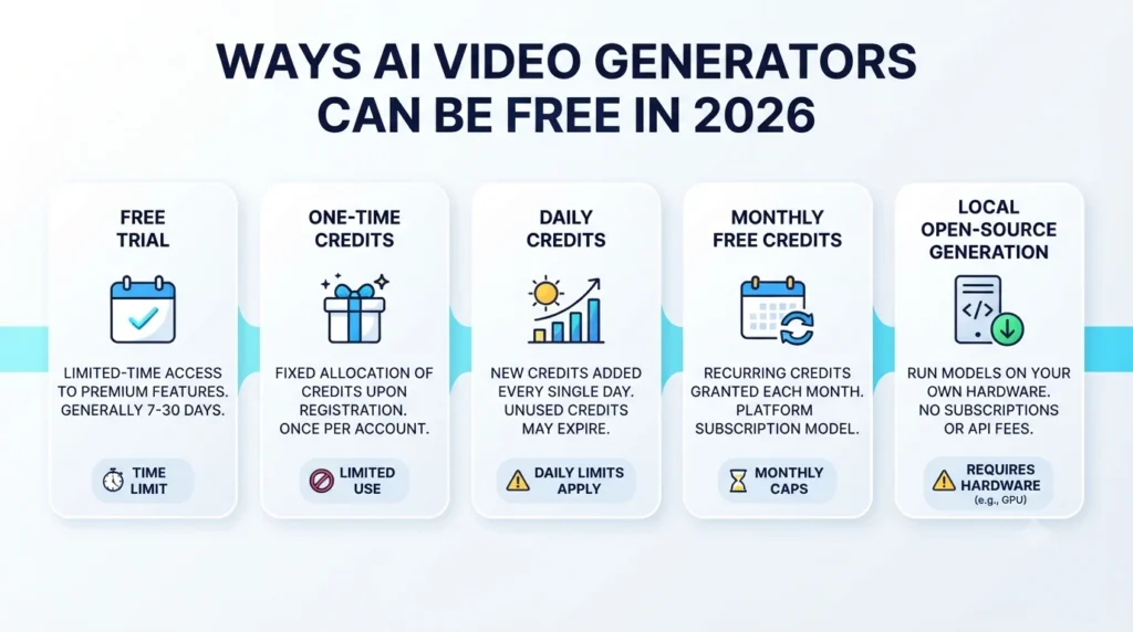Different types of free AI video generator options in 2026