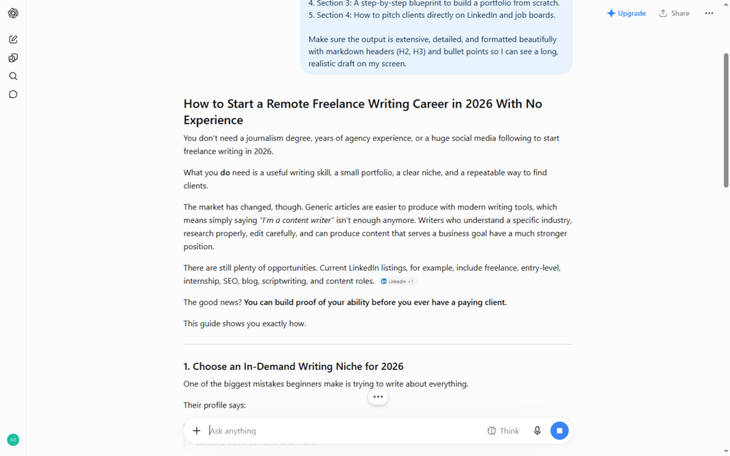 ChatGPT AI text generator interface writing a long-form blog post draft about freelance writing