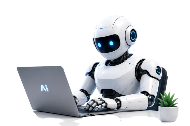 AI robot reviewing AI tools on a laptop for NextBaseAI