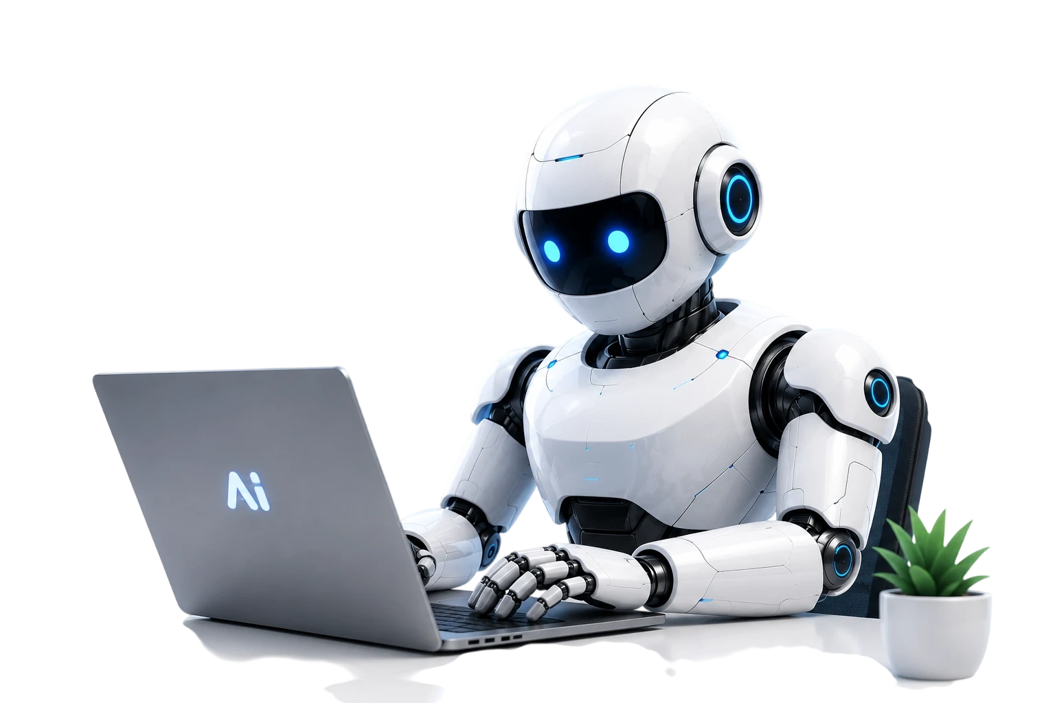 AI robot reviewing AI tools on a laptop for NextBaseAI