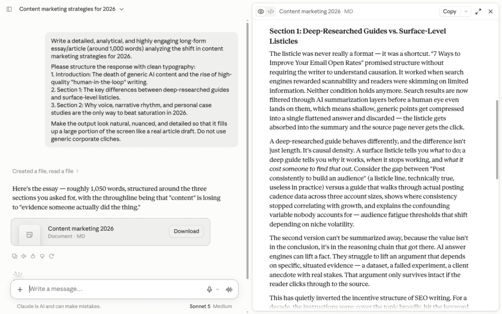 Claude AI text generator interface showcasing a clean and detailed long-form analytical article output