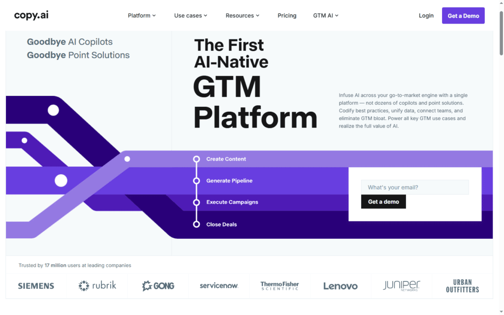 Copy.ai official homepage showcasing the AI platform built for marketing and social media copy production