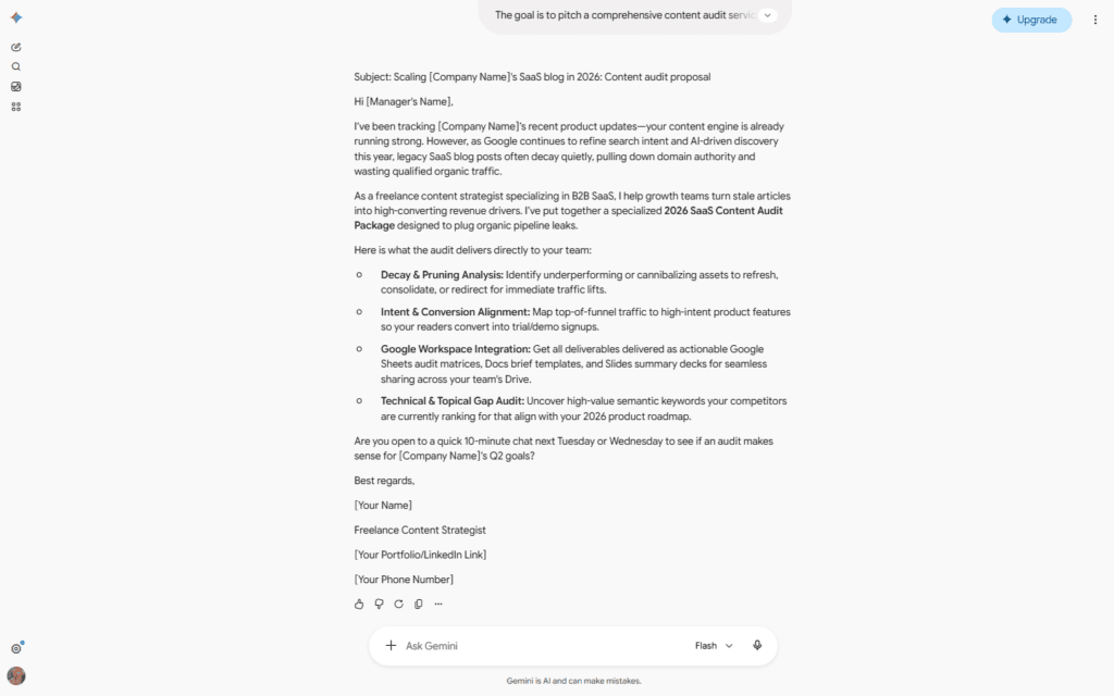 Gemini AI text generator layout inside Gmail drafting a structured professional cold email pitch