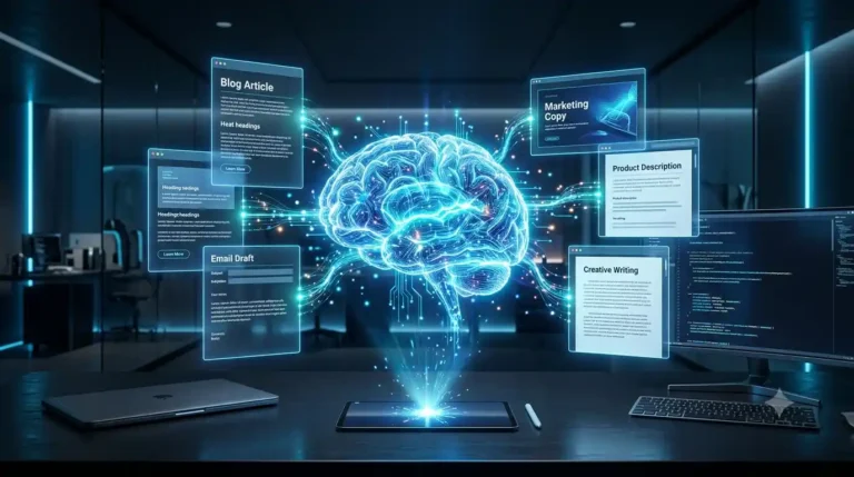 Illustration showing how an AI text generator creates written content from user prompts