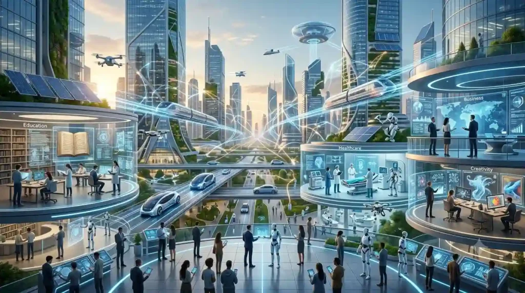 Futuristic illustration of humans and artificial intelligence working together