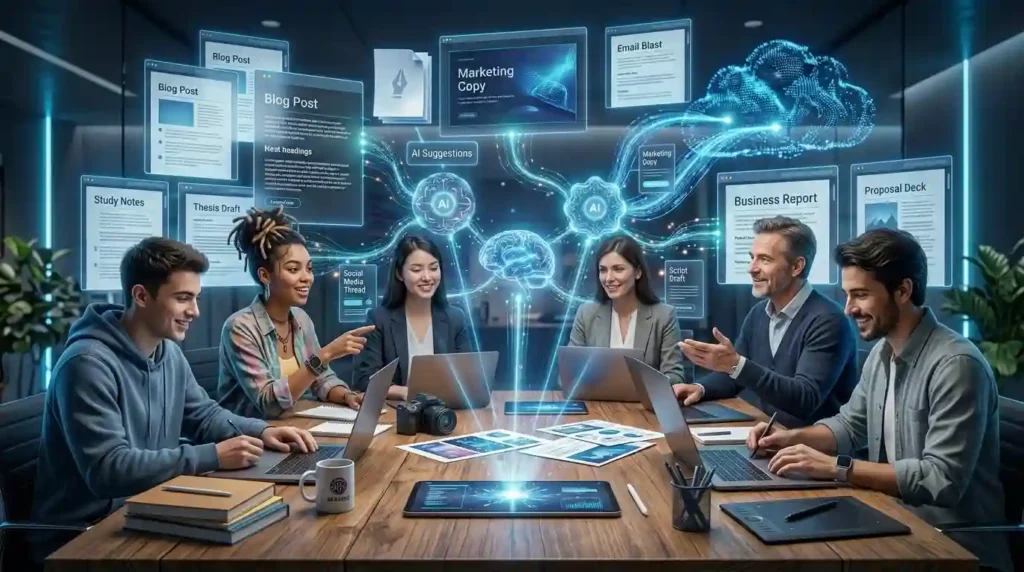 Illustration showing the future of AI writing tools helping people create content more efficiently
