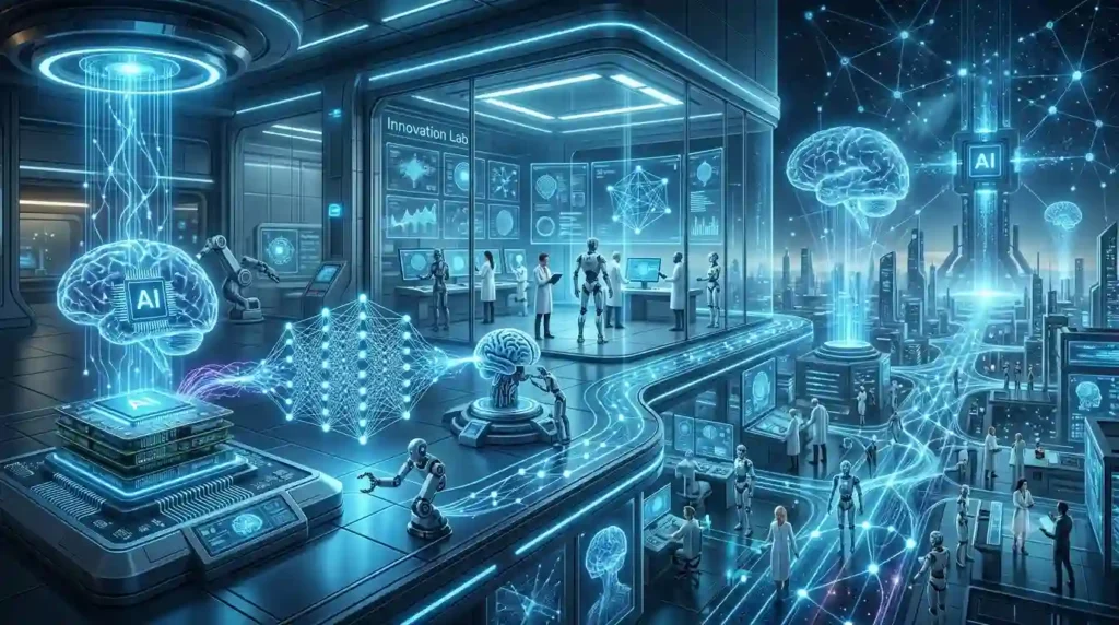 Timeline illustration showing the evolution of OpenAI and artificial intelligence