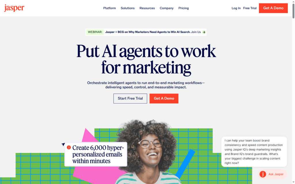 Jasper AI official marketing homepage showcasing AI agents for brand-consistent workflows