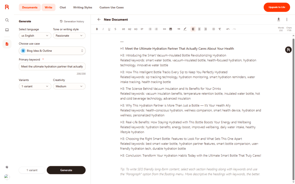 Rytr AI paragraph tool interface displaying language settings, tone selection dropdown, and blog outline structure