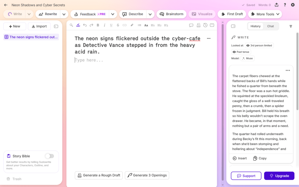 Sudowrite creative fiction editor dashboard displaying the write toolbar and an open interactive story document window