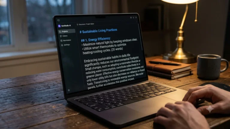 A modern laptop screen displaying AI text generator tools writing a professional article draft on a clean workspace desk