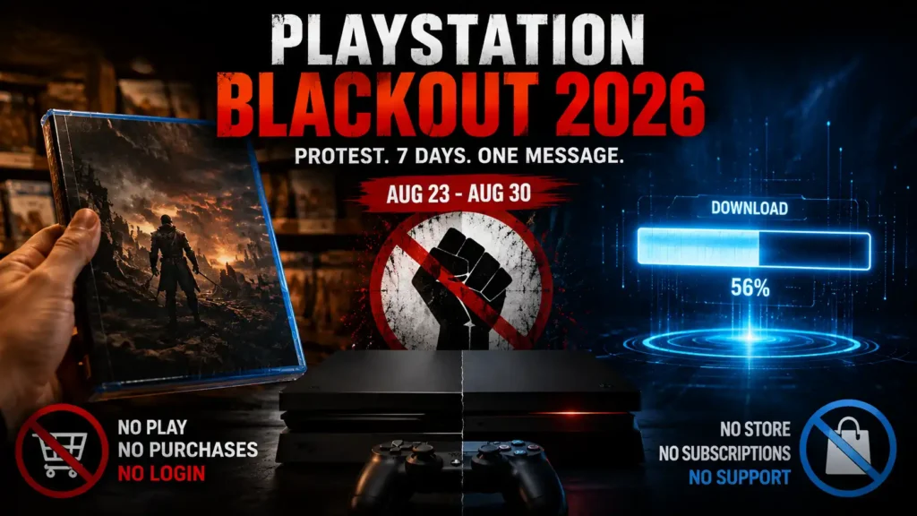 PlayStation Blackout 2026 protest symbolized by a powered-off PS5 console with glowing disc slot