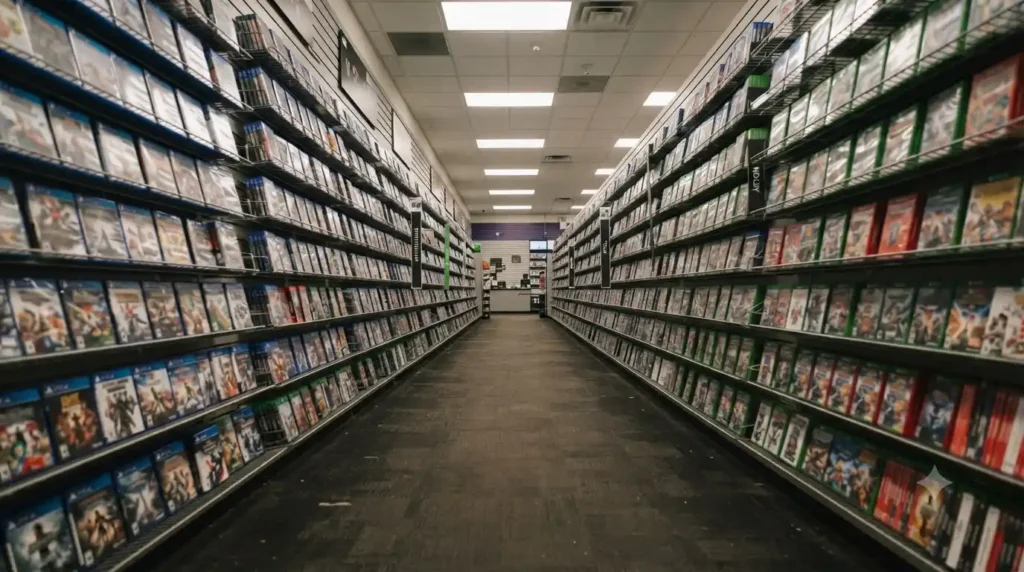 Empty video game retail store aisle representing physical game sales at stores like GameStop
