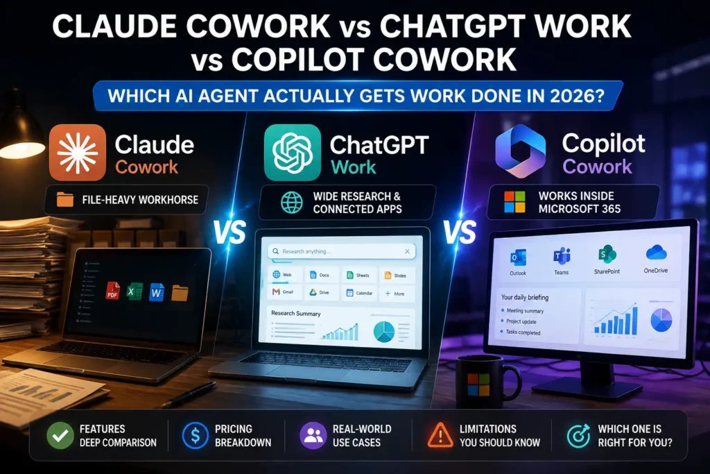 Claude Cowork vs ChatGPT Work vs Copilot Cowork comparison for 2026