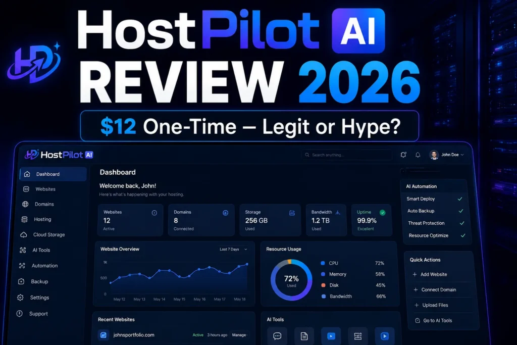 HostPilot AI Review 2026 showing the AI hosting dashboard with $12 one-time pricing and Legit or Hype headline