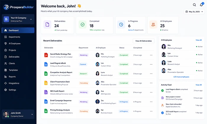ProsperaBuilder Review: AI-powered client deliverables shown in the dashboard