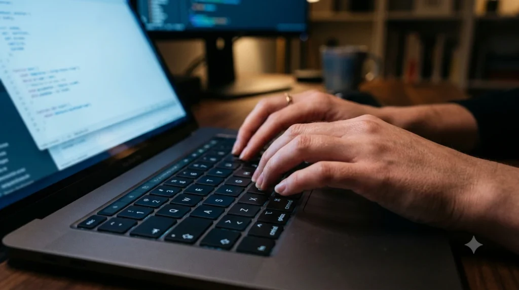 writing AI prompt structure on laptop