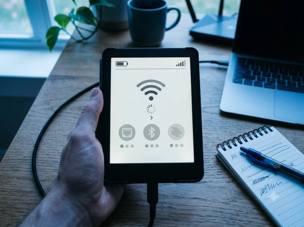 E-reader screen showing network connection settings for linking KOReader to a PC over Wi-Fi