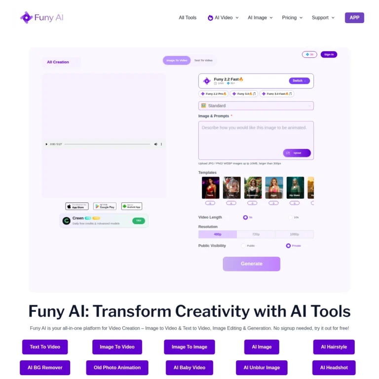 Funy AI video generator free online no sign up interface