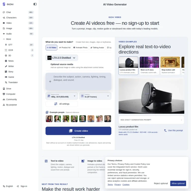 GizAI free AI video generator no sign up chat interface