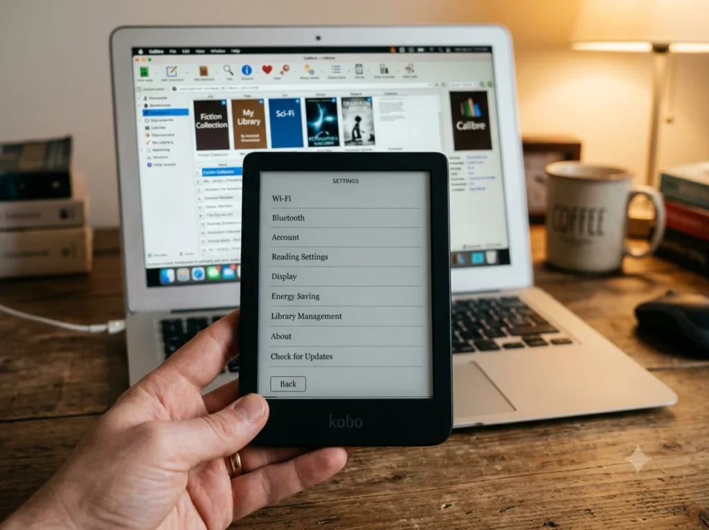Kobo e-reader displaying wireless settings menu next to laptop running Calibre desktop app