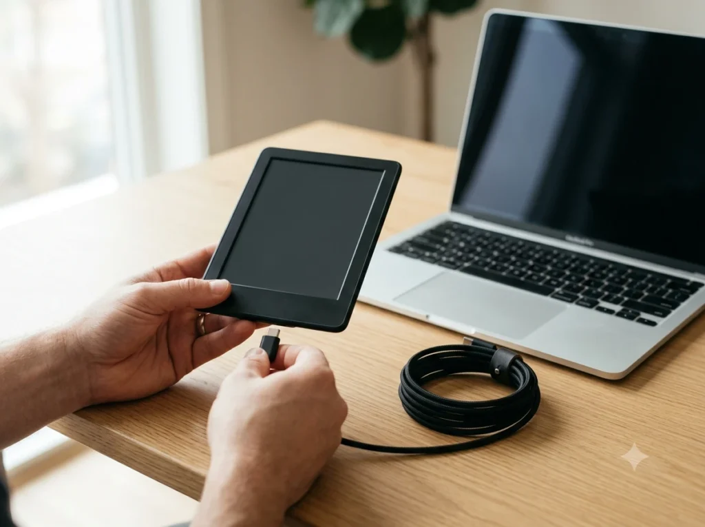 E-reader being safely disconnected from USB cable after uninstalling KOReader software