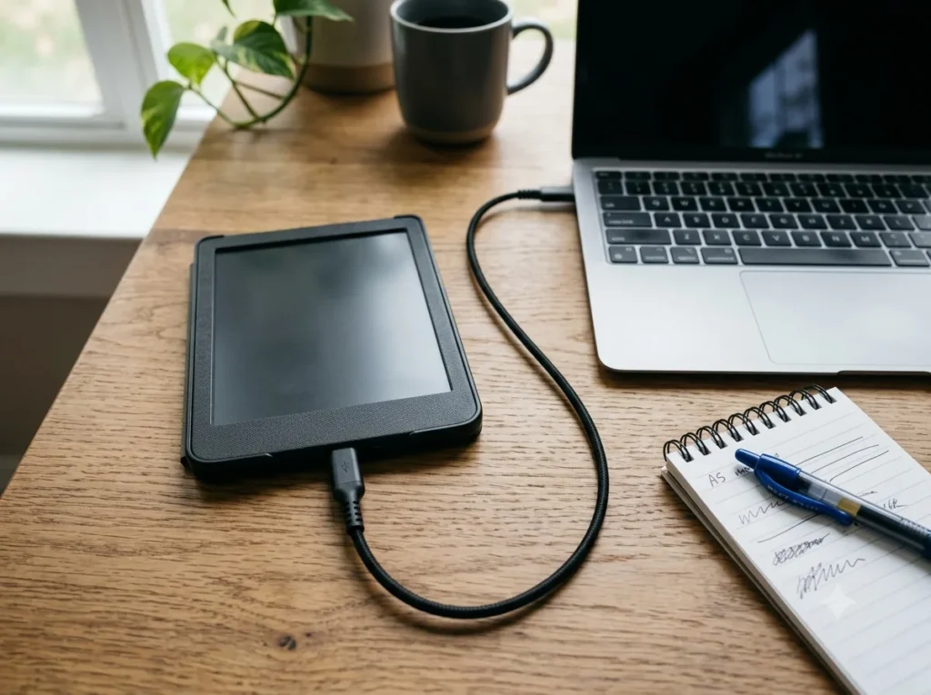 Kobo e-reader connected to laptop via USB cable during KOReader installation process