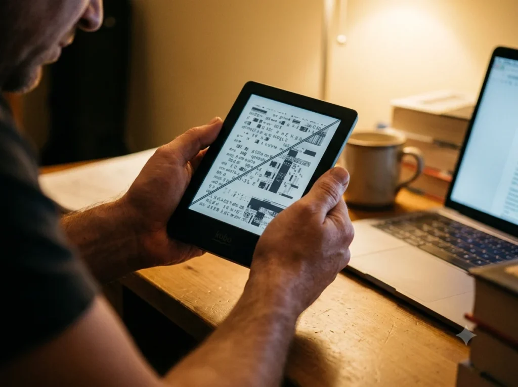 Person holding e-reader with a display glitch, troubleshooting KOReader screen and rendering issues