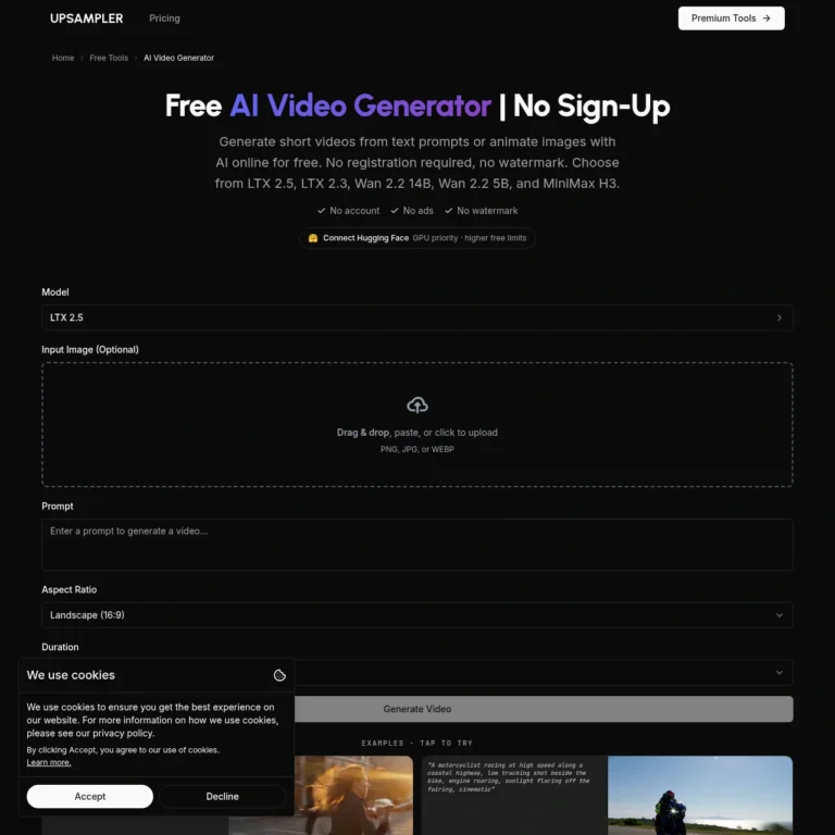 Upsampler free AI video generator no sign up dashboard