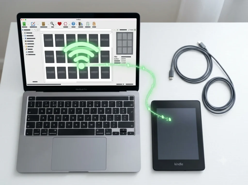 Laptop running Calibre software connected via Wi-Fi to an e-reader device, showing two-way book sync
