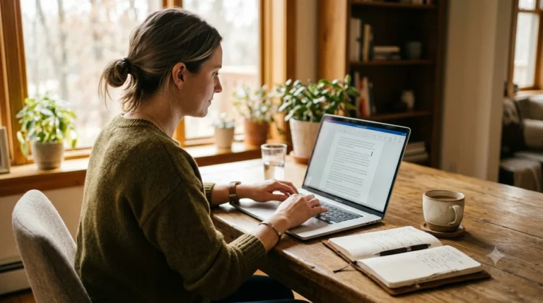Person using AI editing prompts to revise writing on a laptop
