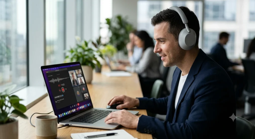 A user working on a Mac desktop with a silent background AI meeting recorder running seamlessly without a bot
