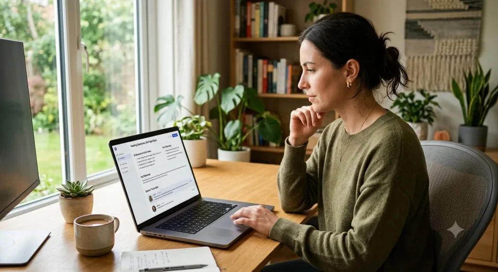 A remote worker at a clean desk reviewing AI generated meeting summaries on a laptop screen