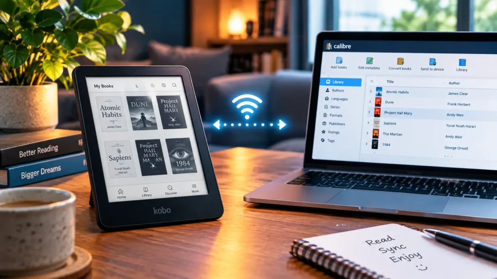 Connect Calibre to KOReader wirelessly — Kobo and Kindle e-readers synced with Calibre library on laptop