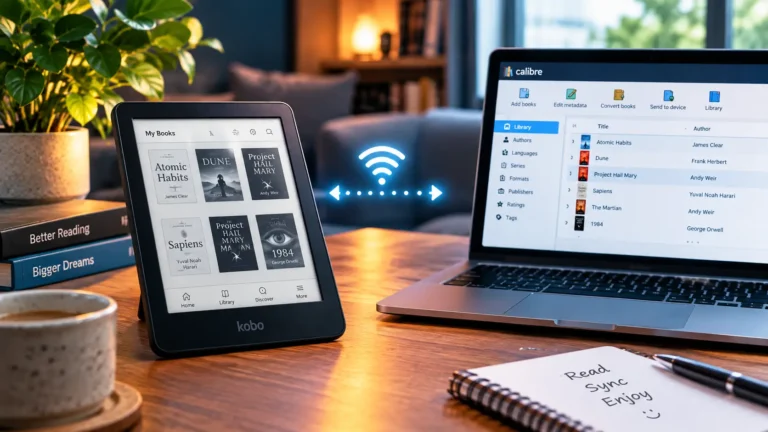Connect Calibre to KOReader wirelessly — Kobo and Kindle e-readers synced with Calibre library on laptop