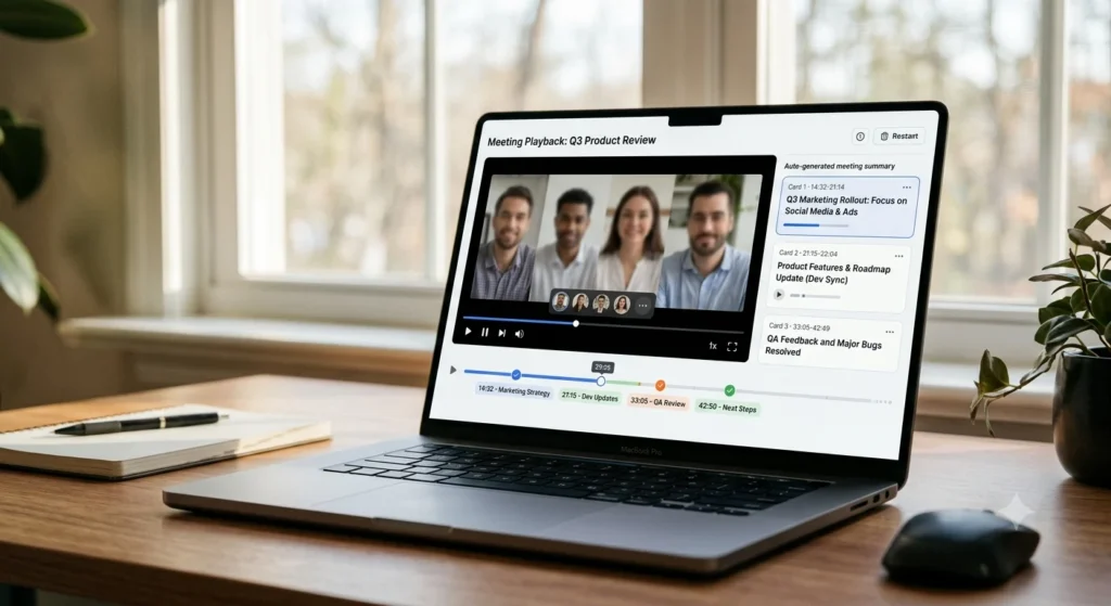 Video meeting recording playback screen with timestamps and AI generated key highlights