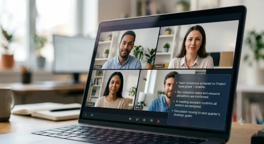 An AI meeting assistant bot transcribing live Zoom video conference call on a laptop screen
