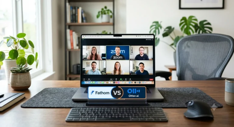 Fathom vs Otter AI meeting note taker tools side-by-side comparison on a modern workspace setup