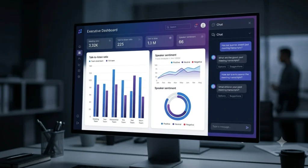 Fireflies Ask Fred AI assistant analyzing meeting sentiment and talk-time ratios