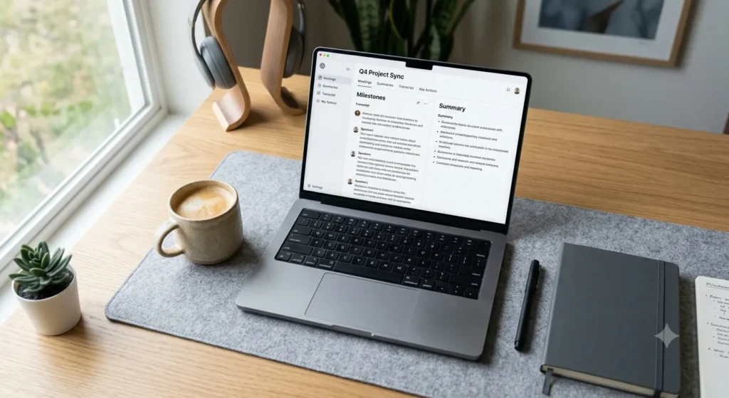 AI meeting recorders comparison showing a modern laptop on a clean desk with meeting notes interface