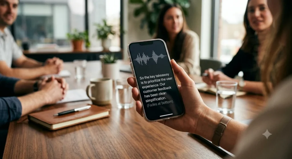 A person holding a smartphone recording live audio transcription during an in-person business meeting