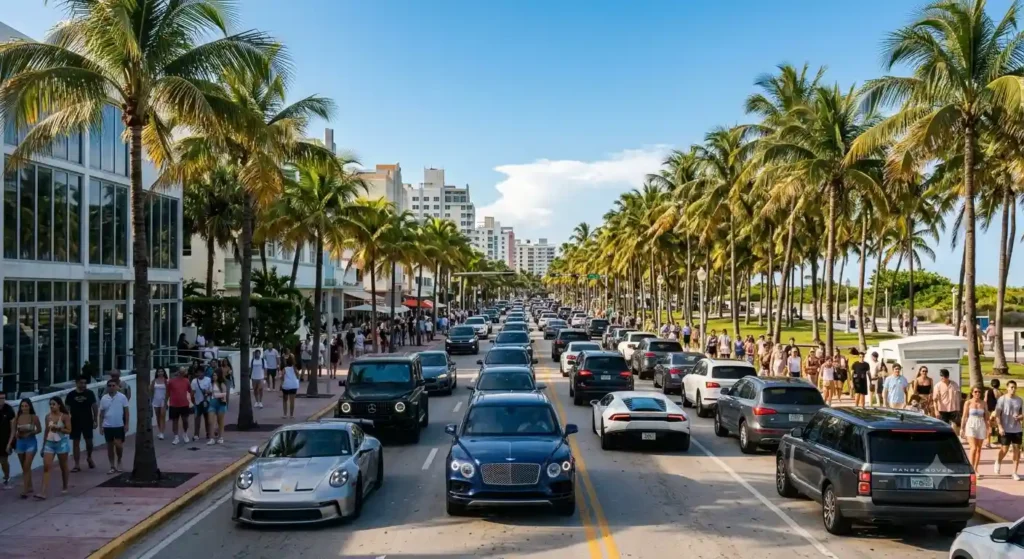 Dense open world city boulevard showing heavy CPU traffic load for GTA 6 console performance
