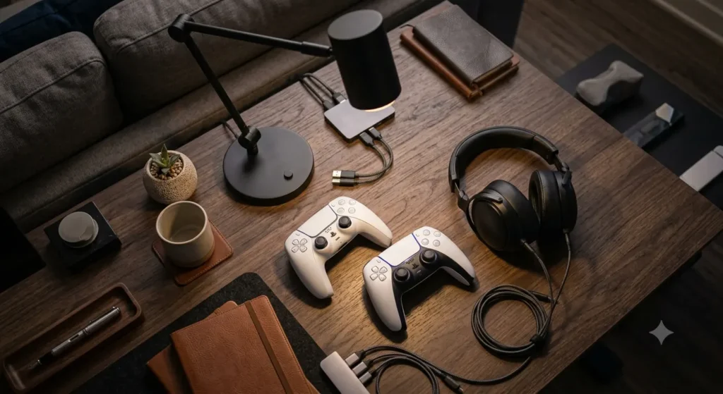 Wireless gaming controllers on desk representing if GTA 6 is cross platform