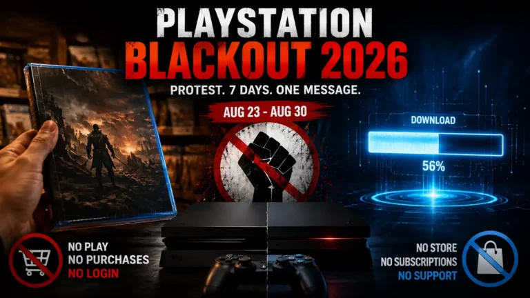 PlayStation Blackout 2026 protest symbolized by a powered-off PS5 console with glowing disc slot