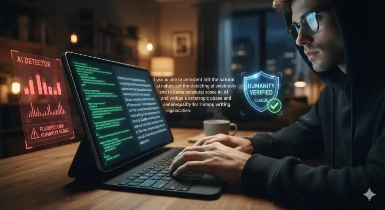 A professional content creator learning how to bypass AI detectors using Anthropic Claude on a laptop screen