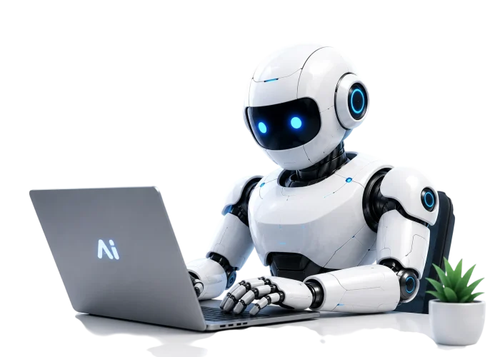 AI robot reviewing AI tools on a laptop for NextBaseAI